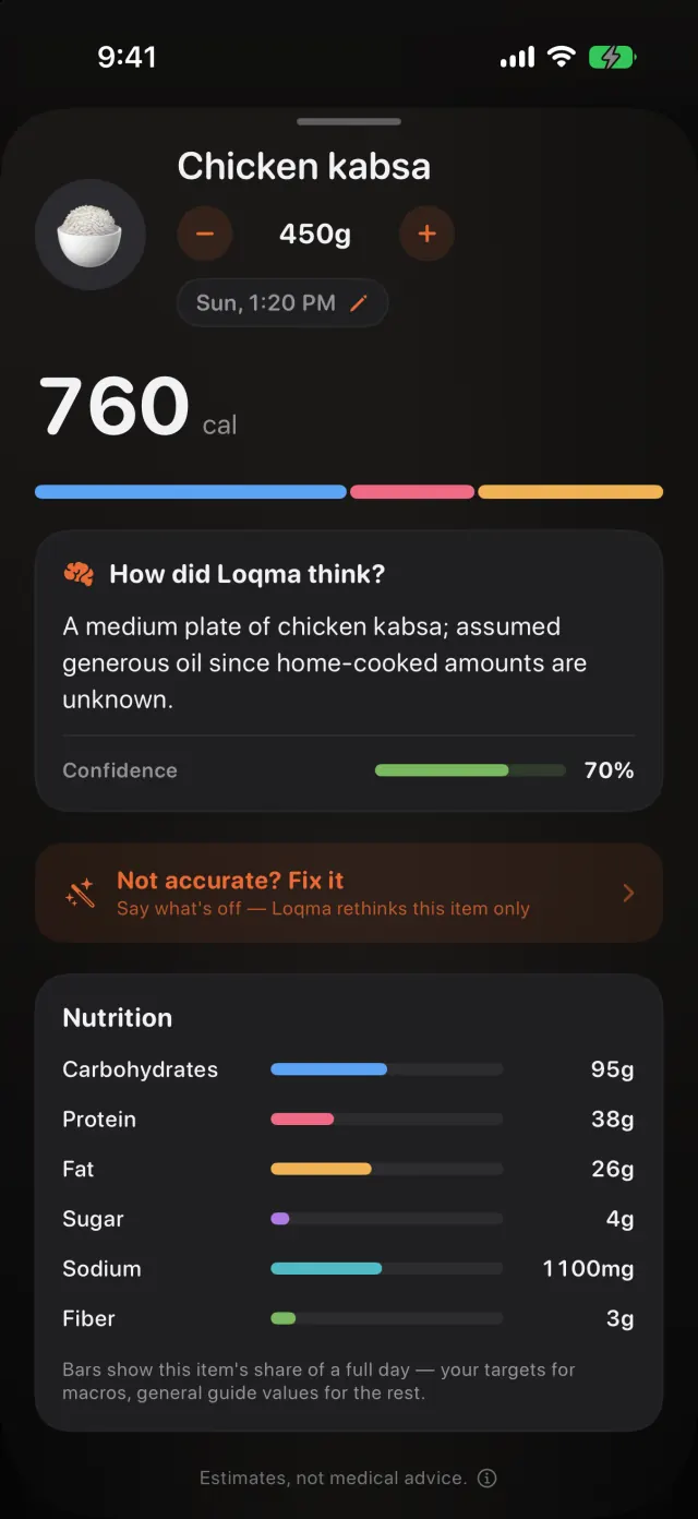 Loqma’s chicken kabsa estimate showing portion, calories, macros, reasoning, and confidence