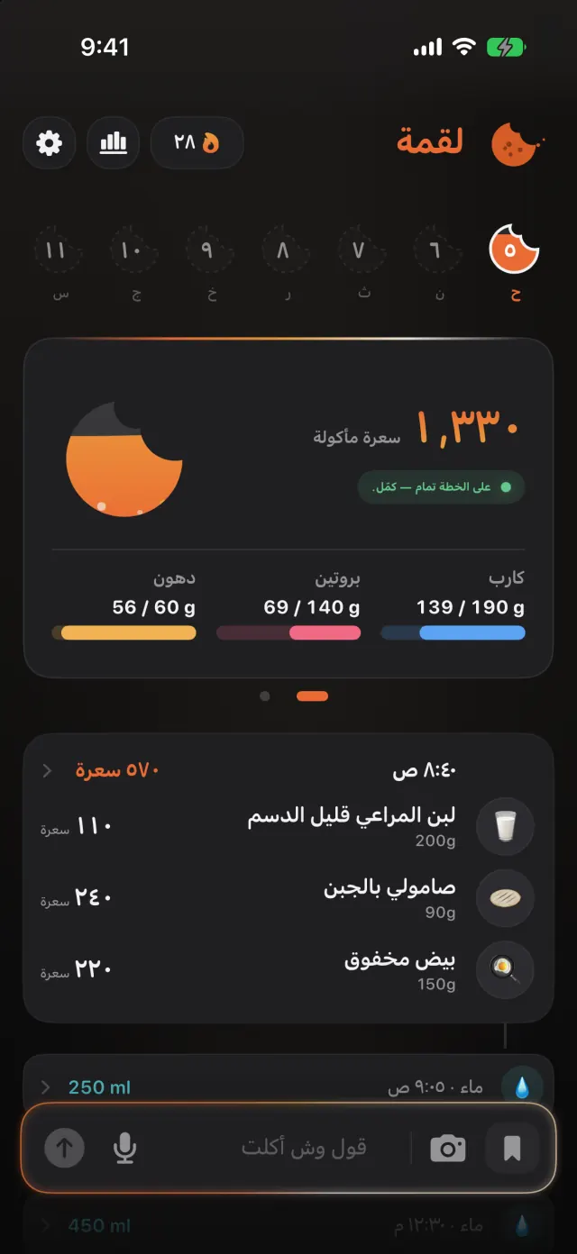 شاشة اليوم في لقمة وتعرض مجموع السعرات والماكروز والوجبات والماء