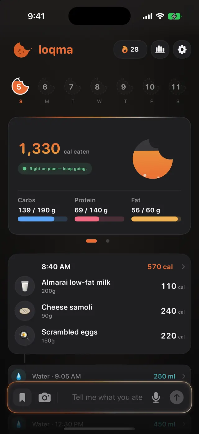 Loqma’s day screen showing calorie and macro totals, meals, and water